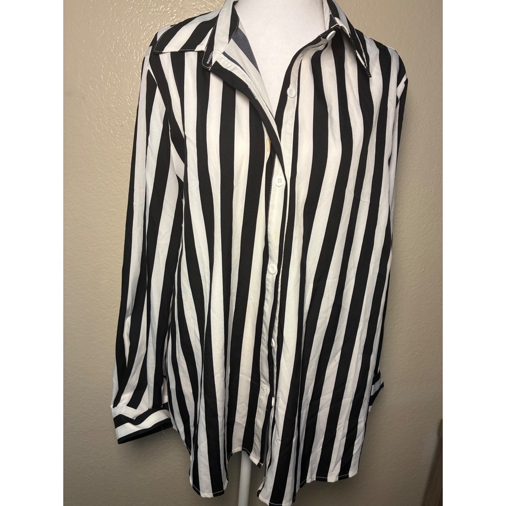 Gomorn Womens Black White Vertical Stripe Button Down Shirt Gathered Back XL 12